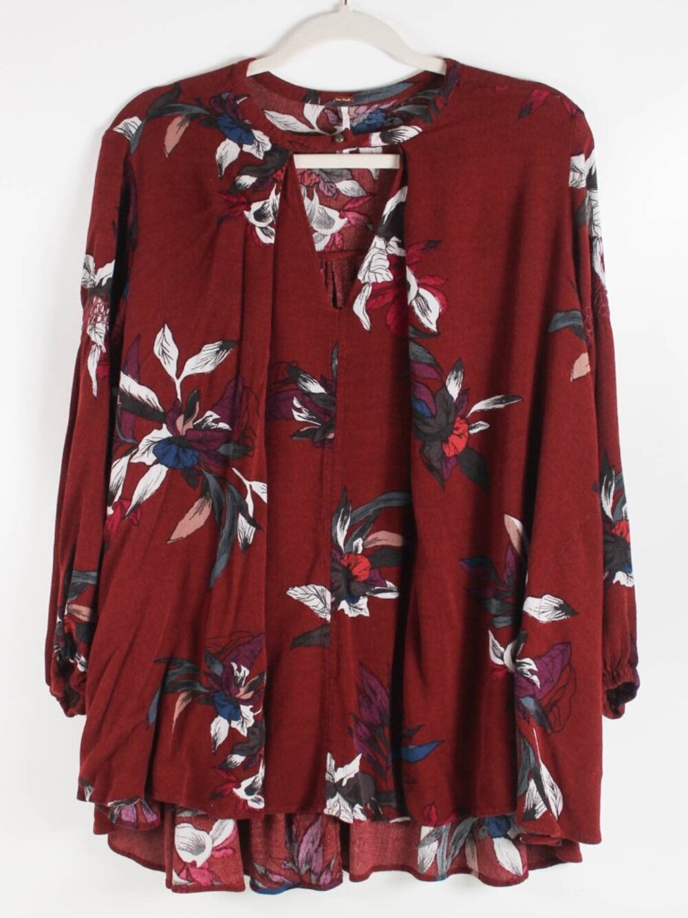 Free People Burgundy Floral Tie Neck Tunic Blouse XS Oversized Boho Long Sleeve